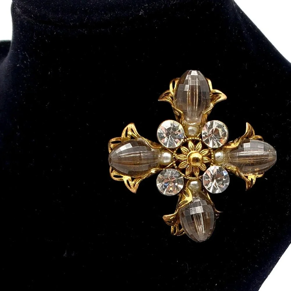 Maltese Cross Brooch Smoke Acrylic Gothic Revival Pin Gold Tone Rhinestones Vtg